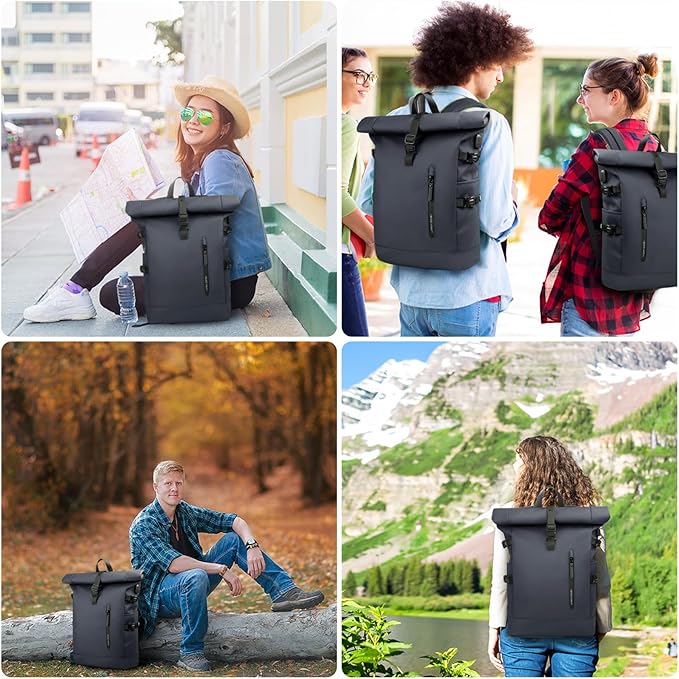Rolltop Backpack for Men Women, 15.6 Inch Waterproof Travel Backpack with USB Charging Port, Expandable 18-27L Laptop Backpack Casual Daypack for Work Business College-Blue