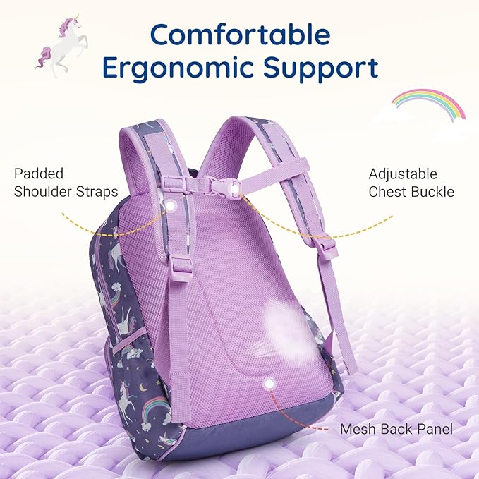 mommore Kids Backpack for Girls 4-8 with Lunch Box Elementary Kindergarten Preschool School Backpack 15'' Fit Folders Bottles, Purple Unicron