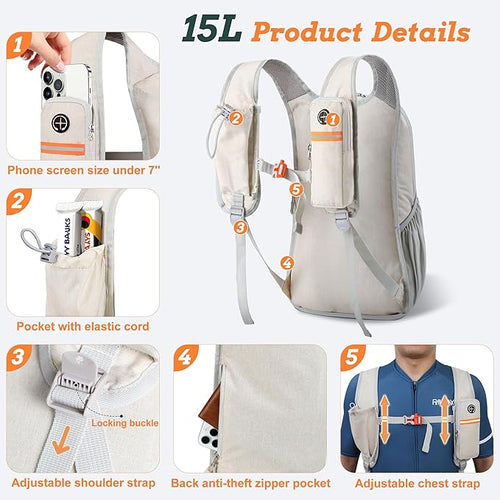 15L Small Hiking Backpack for Men Women Foldable Packable Back Pack Ultralight Hiking Daypack for Travel Camping Outdoor, Beige