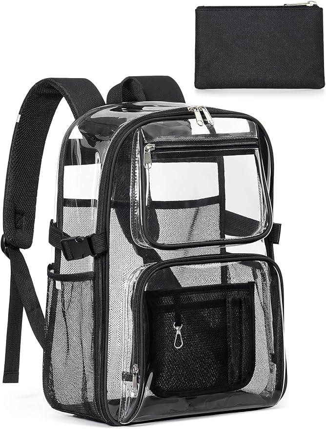 Clear Backpack Heavy Duty, Large TPU Clear Bookbag for Boys Girls Adult, See Through Transparent Back Pack with Multiple Pockets for College Work Casual Security,Black