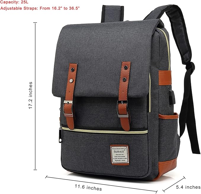 UGRACE Vintage Laptop Backpack with USB Charging Port, Elegant Water Resistant Travelling Casual Daypacks College Shoulder Bag for Men Women, Fits up to 15.6Inch Laptop in Black
