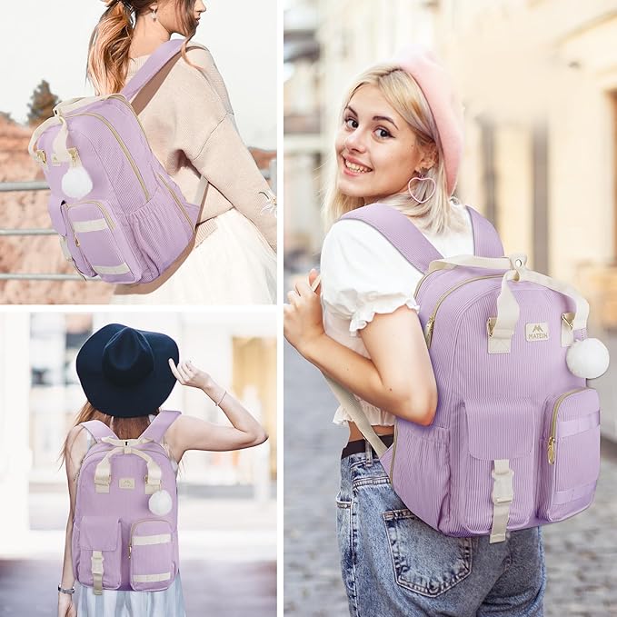 MATEIN Cute School Backpack for Teens Girls, 15.6 Inch Kawaii College Backpack Corduroy Computer Bookbag, TSA Lightweight Laptop Back Pack Aesthetic Preppy Kids Students, Purple