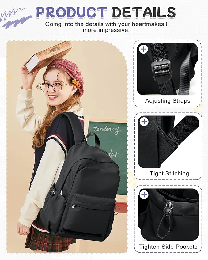 Small Black Backpack for School, High School Book Bag Back Pack for Teens Girls Boys, Lightweight College Backpack Bookbag for Women Men, Simple Casual Daypack Mochilas Escolares para Adolescentes