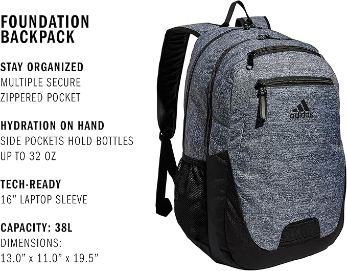 adidas Unisex Foundation Backpack for Laptop, Large Durable Athletic Gym Bag