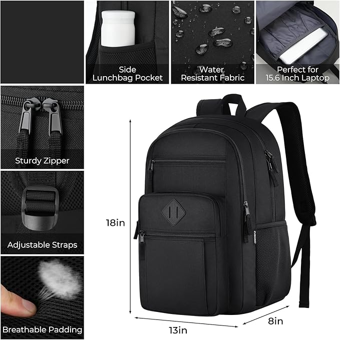 Unisex Black Backpack for School, Lightweight Boys Girls Backpack Fits 17.3 Inch Notebook, Water Bottle Pocket - Ideal for Teens, College Students, Adults