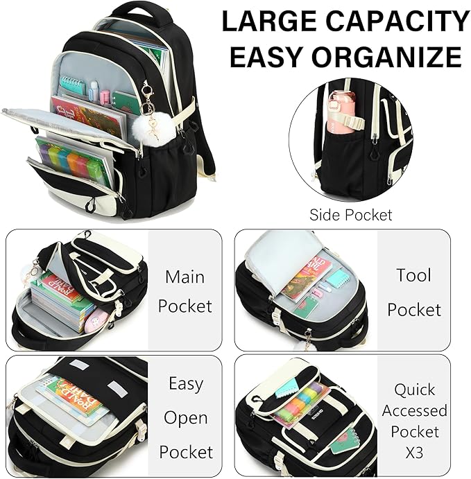 School Backpack for Girls, Laptop Backpack 15.6 Inch Kids Elementary Middle High School Bag Anti Theft Cute College Bookbags for Teens Girls Women Students Casual Travel Daypack,Black Beige