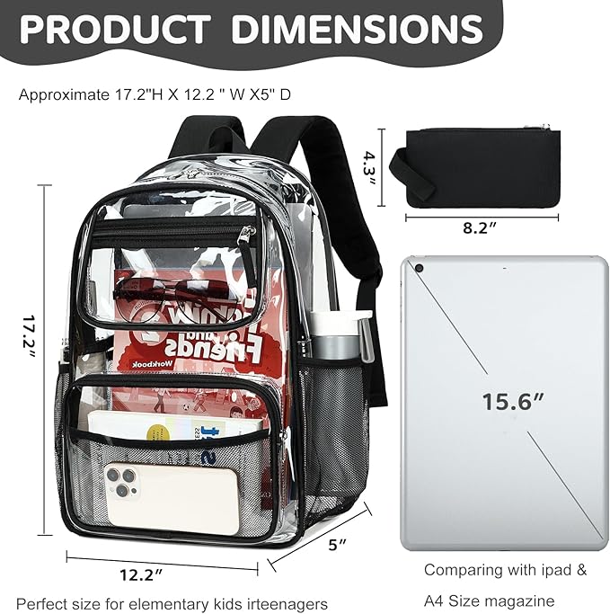 Bluboon Clear Backpack Heavy Duty Kids Boys Clear Bookbag See Through Backpacks with Pencil Case for College Work (Transparent Black)