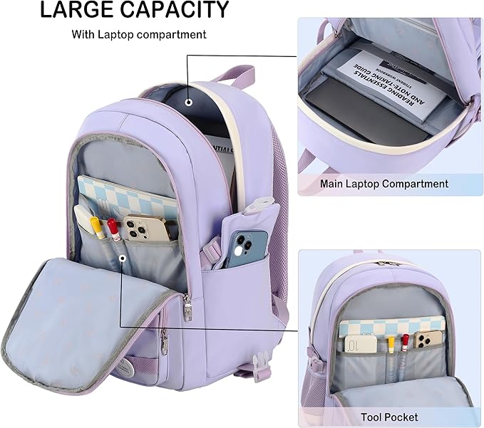 Hidds School Backpack for Teen Girls Women College Laptop Backpacks Girl Cute Bookbag Set with Lunch Box Pencil Case Kids Elementary Middle High Bag 3 Pcs Students Bookbags Set Travel Daypack-Purple