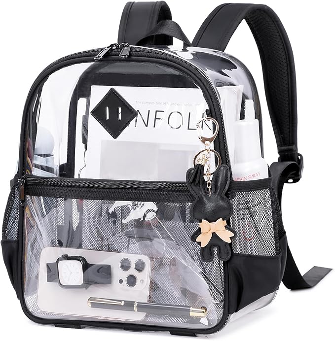 Clear Backpack for Stadium Events Approved 12×6×12, Thick TPU Mini Clear Bag with Front Pocket for Concert Sport Events Work Travel, Black Transparent