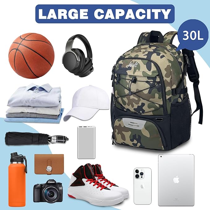 WOLT Basketball Backpack Large Sports Bag with Separate Ball Holder & Shoes Compartment, Best for Basketball, Soccer,Gym