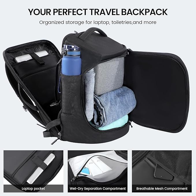 Large Travel Backpack for Men 40L, Carry On Backpack TSA 17.3 Inch Laptop Mochila Flight Approved, Large Business Daypack Waterproof,Carry on bag Weekender College for Men Women, Black