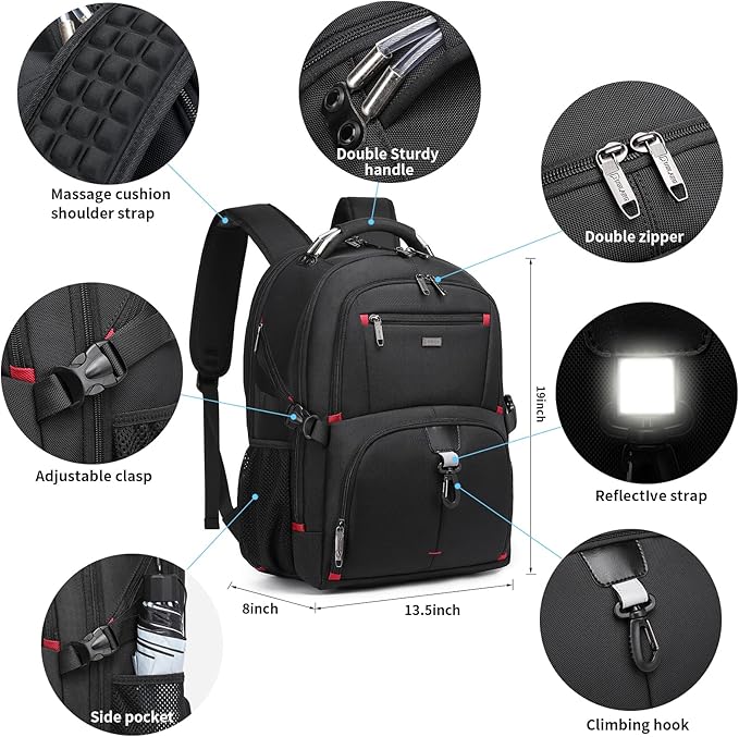 DUSLANG 50L Travel Laptop Backpack for Men Women, Extra Large Heavy Duty Big Carry on Backpack for Weekend Airline Approved Fits 17 Inch Computer, Black