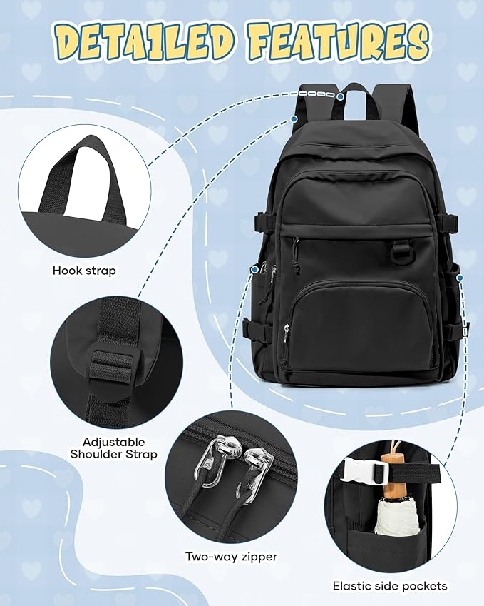 Black Lightweight Backpack for College & High School Backpack With Lots of Pockets Cute School Bag for Girls Boys, Large Capacity Bookbag for Women Men, Waterproof Teens Casual Daypack Backpack