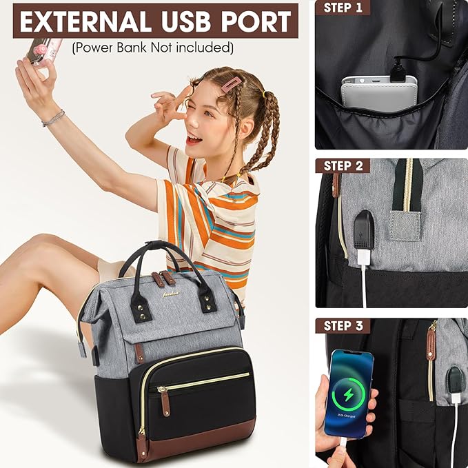 Laptop Backpack 15.6 Inch Professional Womens Purse Computer Bag Nurse Teacher Backpack Waterproof College Work Bags Carry on Travel Back Pack with USB Port, Black-Grey-Brown