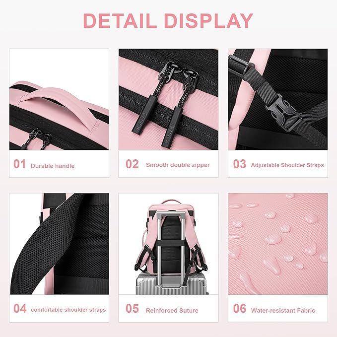 Carry On Travel Backpack, Expandable Extra Large Airline Approved,Lightweight Daypack for Men and Women（Pink）