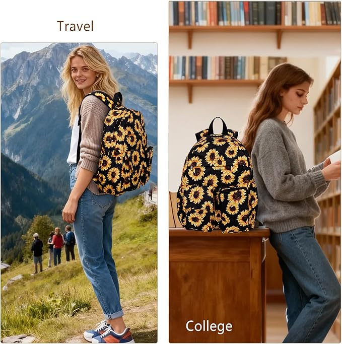 Women's Water-resistant Daypack Backpack, 15.6 Inch Laptop Compartment & Anti-Theft Pocket, Adjustable Padded Straps for Commuting, Travel, Work, College, Sunflower