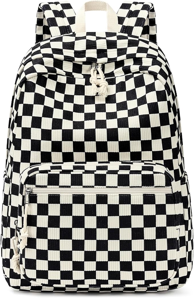 mibasies School Backpack for Girls with Laptop Sleeve: 18IN Large Capacity Corduroy Bookbag for Primary Middle School/College, Travel Daypack for Teens Women - Black Checkered