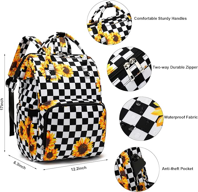 Laptop Backpack for Women, 15.6 inch College School Backpacks Bookbag for Work/School/Travel/Business (Checkered Sunflower)