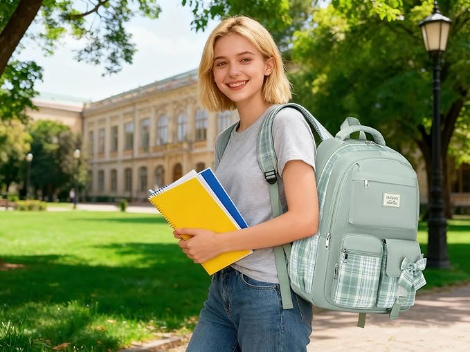School Backpack for Teens, Girls Backpack for Middle High School Big Sthdent Cute Bookbag for Women Aesthetic School Bag (Green)