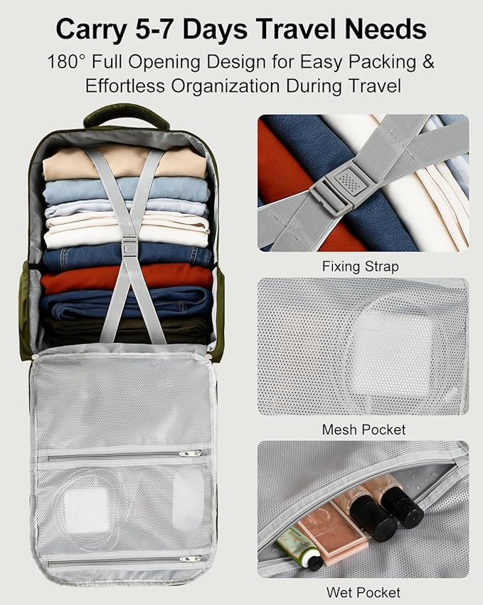 Travel Backpack for Women & Men, Large Carry On Personal Item Bag Airline Approved, Waterproof Traveling Overnight Bags, Gifts Laptop Backpack for Travelers College-Students Commuters (Green/Beige)