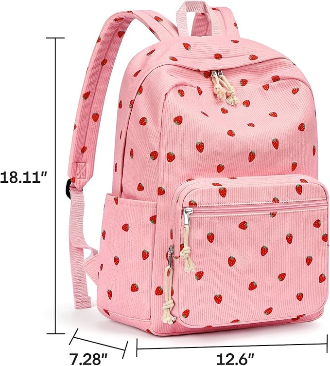 mibasies School Backpack for Girls with Laptop Sleeve: 18IN Large Capacity Corduroy Bookbag for Primary Middle School/College, Travel Daypack for Teens Women - Red Strawberry
