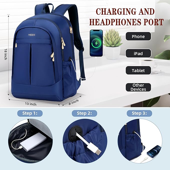 Travel Laptop Backpack for Women 15.6 Inch Computer Backpacks with USB Charging Hole Anti Theft Carry on Bag College Bookbag Large Blue Back Pack for Work Business Traveling Commuter Daypack-Blue