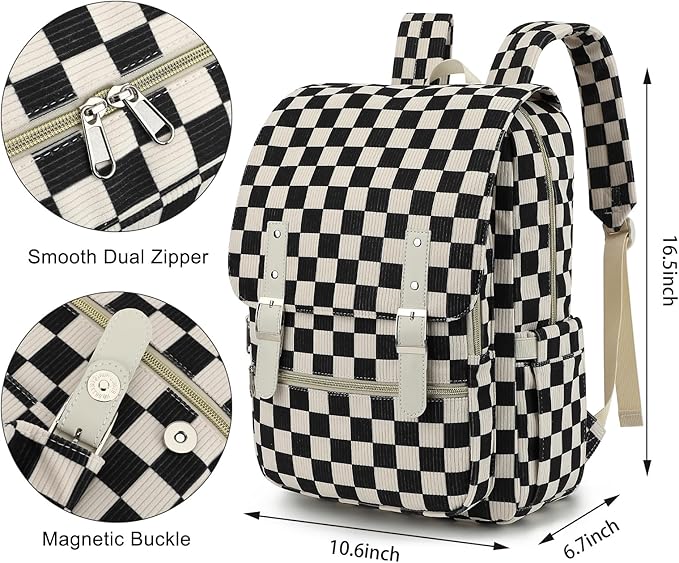 Corduroy Travel Backpack for Women, 15.6 Inch College Laptop Backpack, Fashion School Bookbag Work Backpacks (Corduroy Checkered Black)