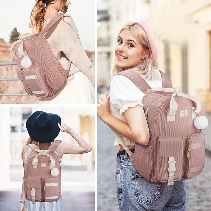 MATEIN Laptop Backpack for Women, Cute Corduroy Computer Backpack Water Bottle Holder, TSA Lightweight Aesthetic Bag Work Business Backpack College Teacher Bags, Pink
