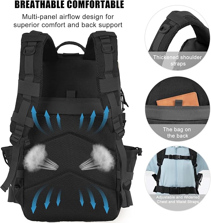 Military Tactical Backpack 25L Day Backpack for Men Molle Army 3 Days Assault Pack Bug Out Bag Water Resistant and Heavy Duty Hiking Treeking Rucksack - Black