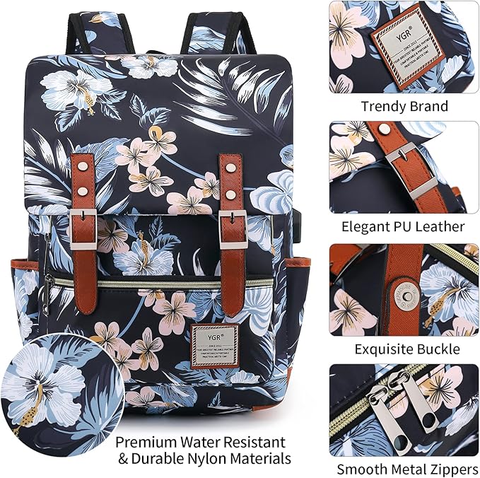 YGR Floral Laptop Backpack for Women, Female, School, Travel, Business, Outdoor Sports, Office, Work