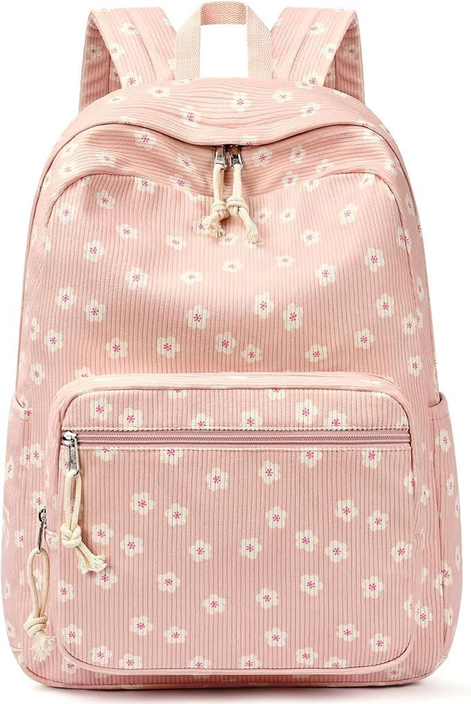 mibasies School Backpack for Girls with Laptop Sleeve: 18IN Large Capacity Corduroy Bookbag for Primary Middle School/College, Travel Daypack for Teens Women - Pink Flower