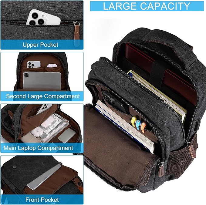 Canvas Laptop Backpack with USB Charging Port, Vintage Daypack for Men Women, Black Travel Work Rucksack College Computer Bag Bookbag Fits 15.6 Inch Lapop, Black