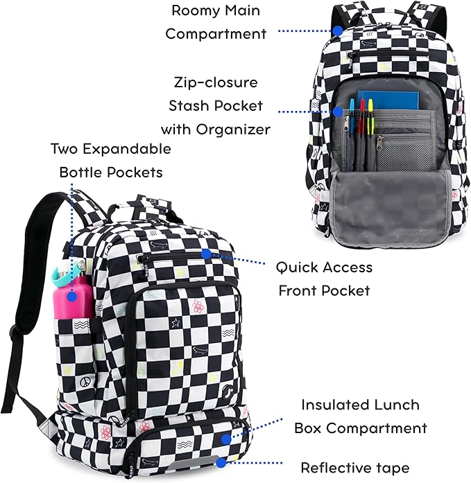 J World New York 2-in-1 Insulated Backpack Lunch Box for Kids. Adult School Bookbag, Icon Checkers