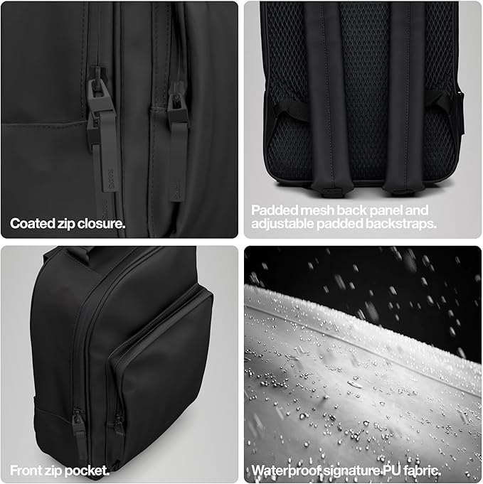 RAINS Book Daypack Regular Black Laptop Backpack for Men and Women, Waterproof Black Minimalist Commuter Bag with 15”-16"