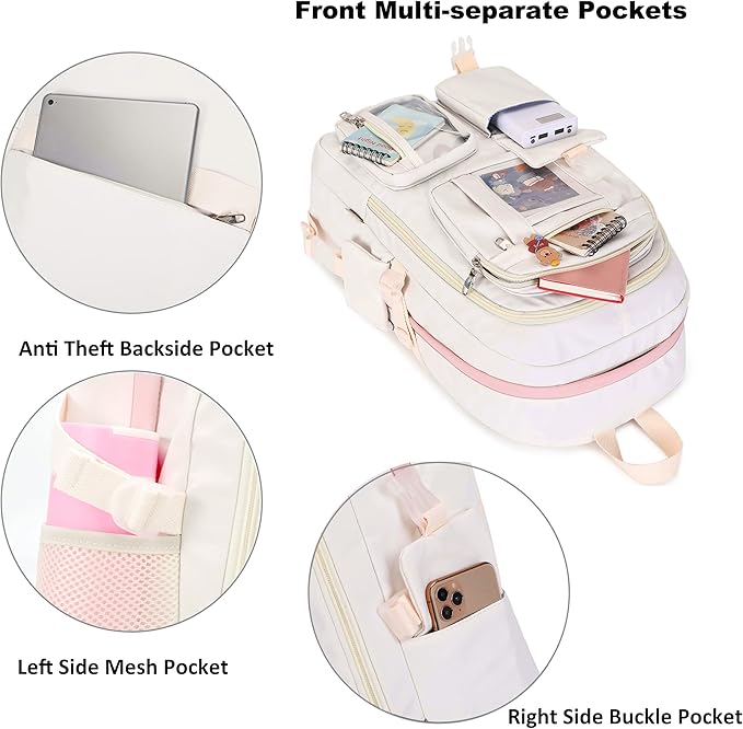 Backpack for Girls with Accessories Laptop Bookbags 16 Inch Kawaii Kids Elementary Middle High School Bag College Travel Daypack Gifts for Teens Women Students (Off-white)