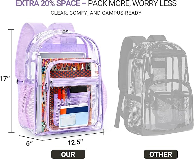 ZORFIN Clear Backpack Heavy Duty for School & Work – 17in Transparent PVC Bag with Large Capacity & Reinforced Straps – See Through Bookbag for Girls Women, Workplace Security - Purple