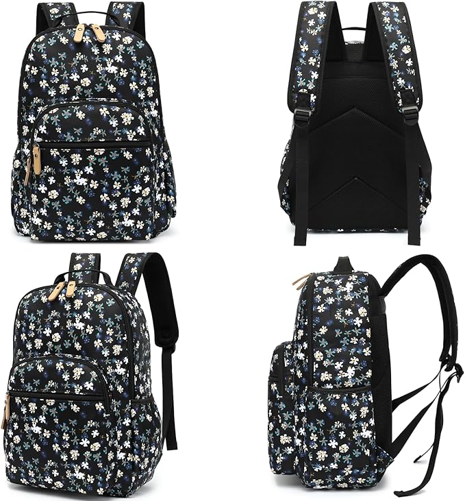 Leaper Water-resistant Floral Laptop Backpack Travel Bag Satchel (Leaves-Black)