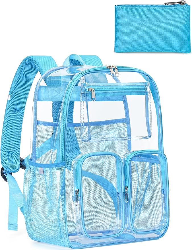 Large Clear Backpack Heavy Duty for Women Men Boys Girls, Clear Bookbag for School, 17 Inch Transparent Backpack with Accessories for Work Casual Sport,Light Blue