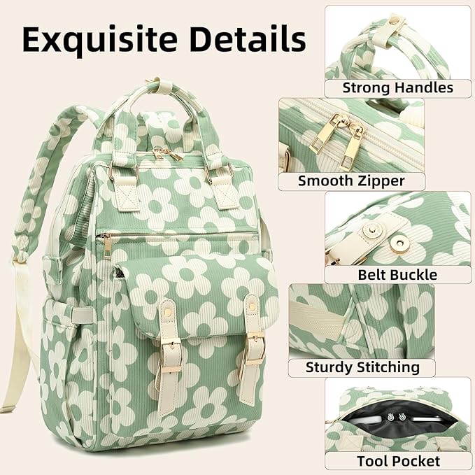 Corduroy Laptop Backpack for Women 15.6 Inch Stylish College School Bookbag, Business Work & Travel Computer Backpacks (Flowers Green)