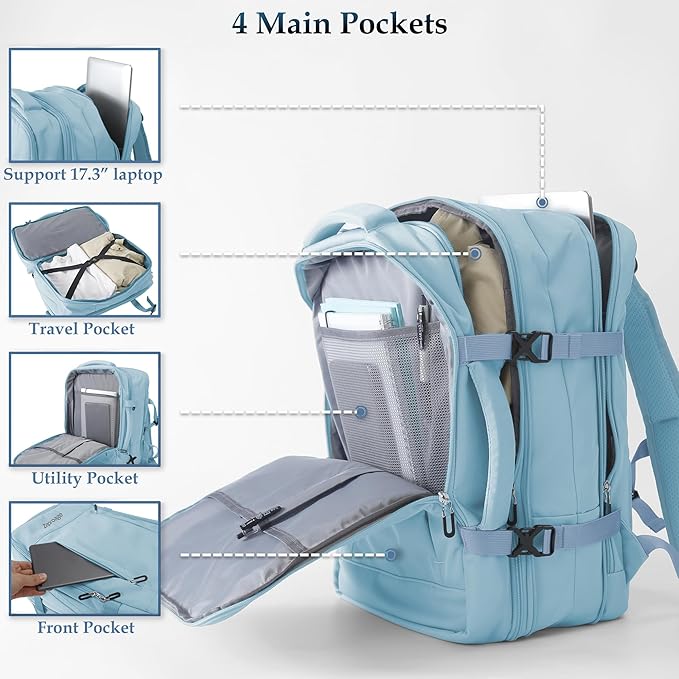 Travel Backpack, Expandable Large Capacity Business Work, Water Repellent Carry On Daypack with USB Charging Port, Fit 17 Inch Laptop, Bag for Men and Women, Sky Blue