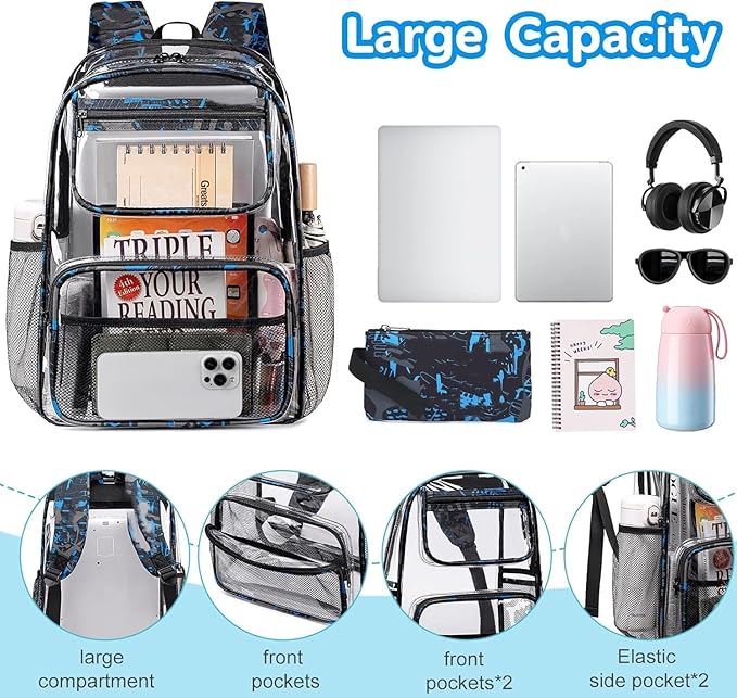 Bluboon Clear Backpack Heavy Duty Kids Boys Clear Bookbag See Through Backpacks with Pencil Case for College Work (Transparent Blue)