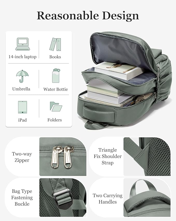 Cute High School Backpack for Women Men, Large Capacity Middle School Bag, Lightweight Bookbag for Teens Boys Girls, Waterproof College Backpack with lots of Pockets, Green
