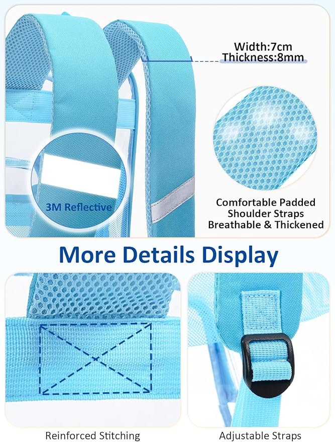 Extra Large Clear Backpack with TSA Lock, Heavy Duty Transparent See Through Clear Bookbag for College, Work, Travel, Casual Sport, Light Blue