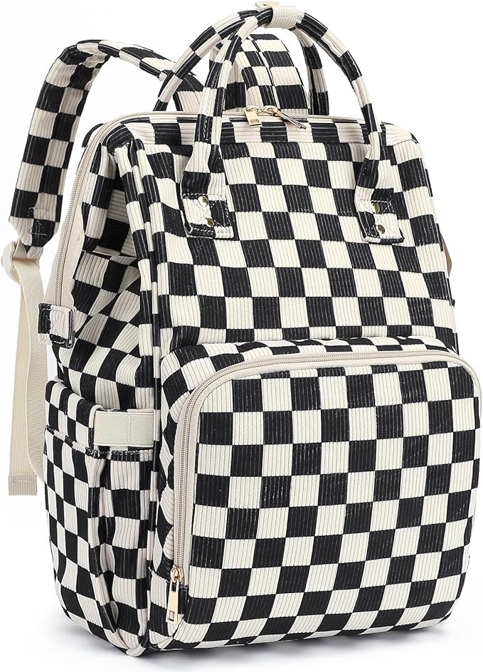 Laptop Backpack for Women, Corduroy College School Backpack Bookbag 15.6 inch Business Computer Travel Backpack (Checkered Black)