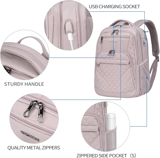 KROSER Travel Laptop Backpack 17 Inch Large Computer Backpack Water-Repellent Daypack with USB Charging Port & Headphone Interface RFID Pockets for Work/Business/College/Men/Women Dusty Pink(Quilted)