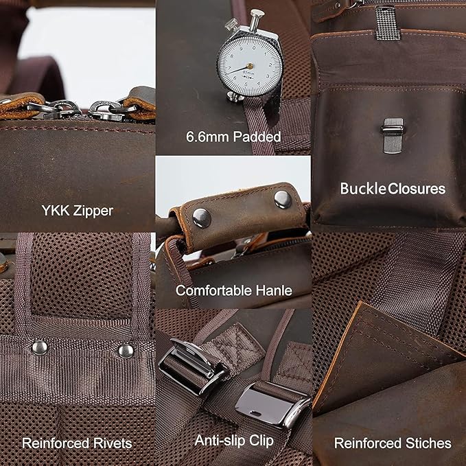 Masa Kawa Leather Backpack for Men Vintage 15.6 Inch Laptop Bag Multi Pockets Casual Work Travel Camping Daypack (deep brown)