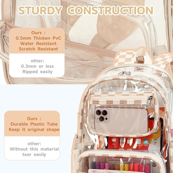 Bluboon Clear Backpack Heavy Duty Kids Boys Clear Bookbag See Through Backpacks with Pencil Case for College Work (Transparent Brown white Checked)