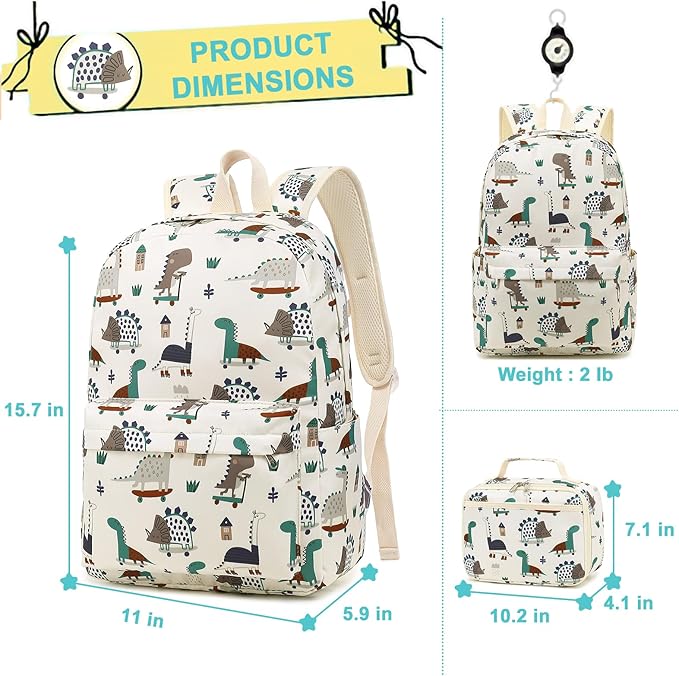 Kids School Backpack with Lunch Box for Boy Kindergarten BookBag School Bag Preschool Kindergarten Toddler Backpack (Dinosaur Beige)