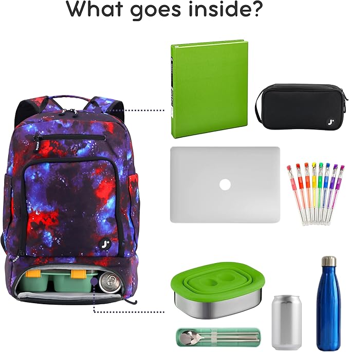 J World New York 2-in-1 Insulated Backpack Lunch Box for Kids. Adult School Bookbag, Galaxy
