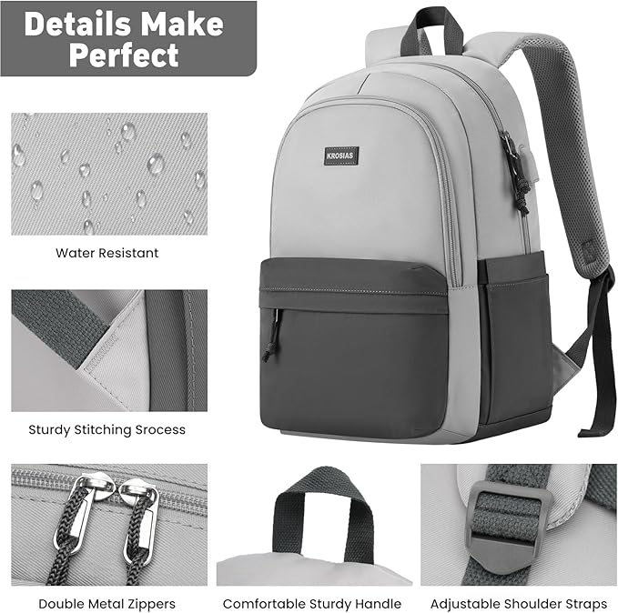 School Backpack for Teens Girls, Cute Student Bookbag Large 15.6 Inch Laptop Bag Aesthetic College Backpacks for Women High School Travel (Dark Grey & Light Grey)